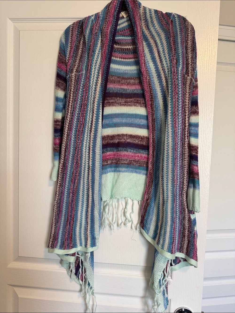 Billabong Striped Open-Front Fringe Knit Cardigan - Aqua, Blue & Pink